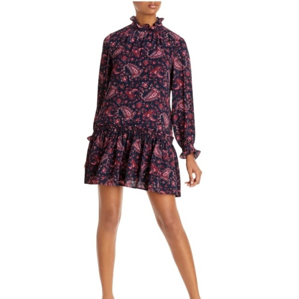 La Vie Rebecca Taylor Navy Red Paisley Ruffle Neck Drop Waist Mini Dress Small